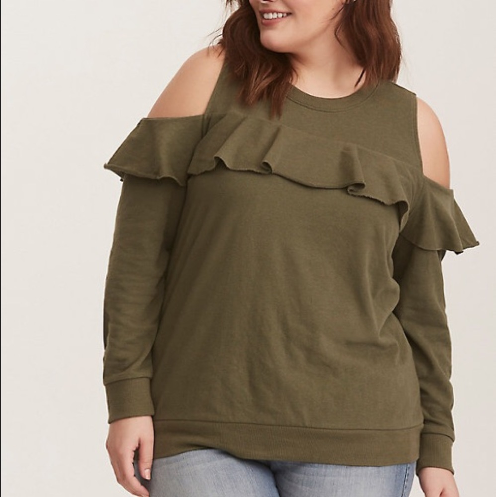 TORRID GREEN RUFFLED COLD SHOULDER SWEATSHIRT 00
